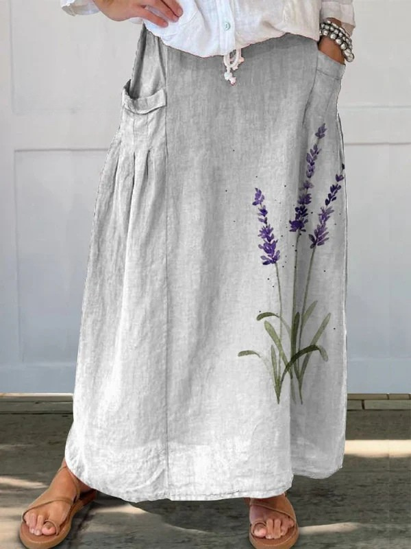 Women's Floral Printed Skirt with Elastic Waistband and Pockets