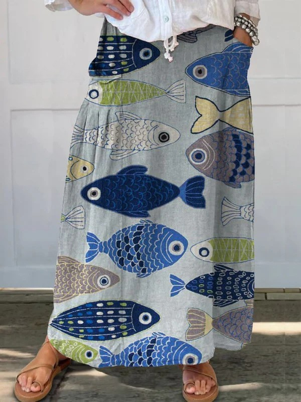 Women's Pocket Skirt with Vintage Fish Art Print and Versatile Style