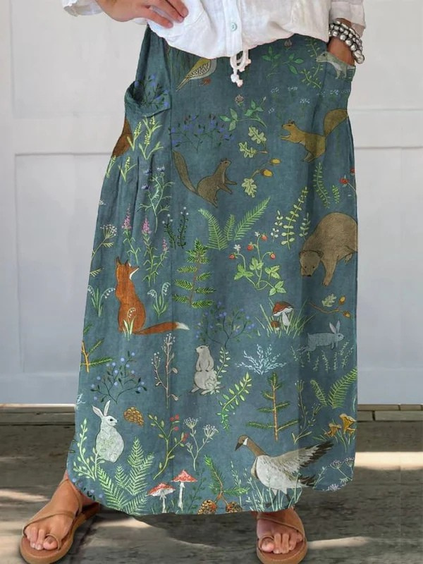 Women's Casual Pocket Skirt with Retro Floral Design and Animal Print