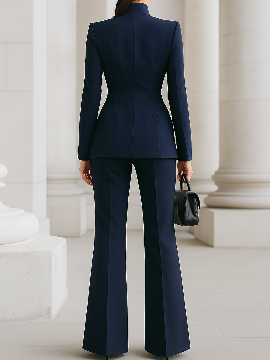 Women's Stand Collar Single-Button Blazer and Flared Pants Set | Two-Piece
