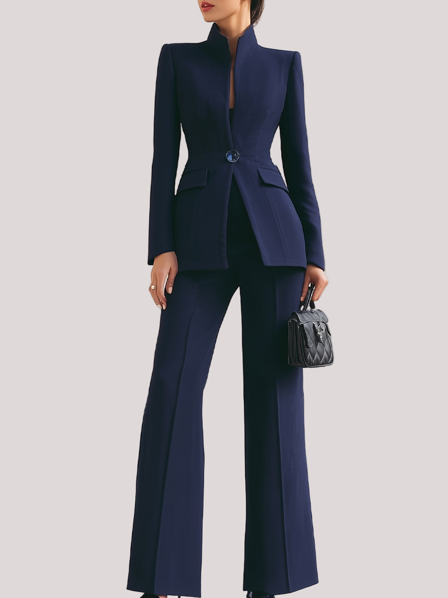 Women's Stand Collar Single-Button Blazer and Flared Pants Set | Two-Piece
