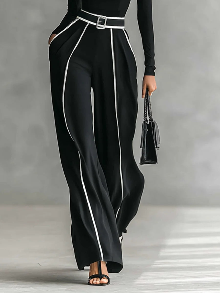 Women's High-Neck Top with Wide-Leg Trousers and Belt