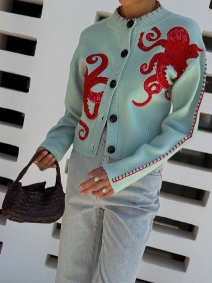 Women's Octopus Pattern Cardigan with Open Front and Long Sleeves