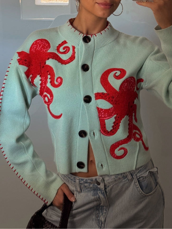 Women's Octopus Pattern Cardigan with Open Front and Long Sleeves