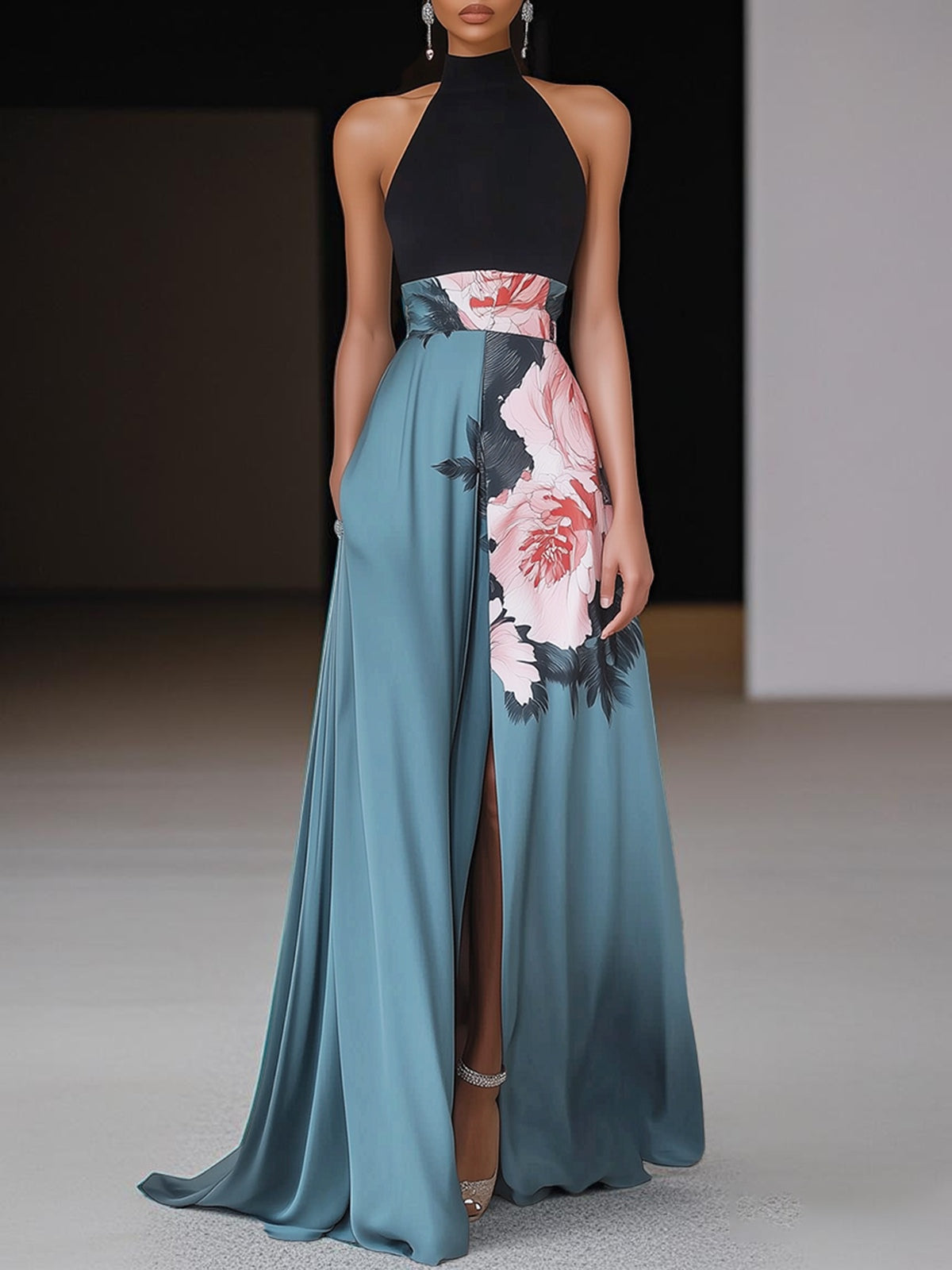 Women's A-Line Maxi Dress with Crew Neck and Sleeveless Design
