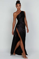 Women's Bodycon Dress with One Shoulder Design and Satin Finish