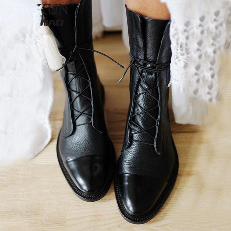 Women’s Lace-Up Ankle Boots | Black with Glossy Toe