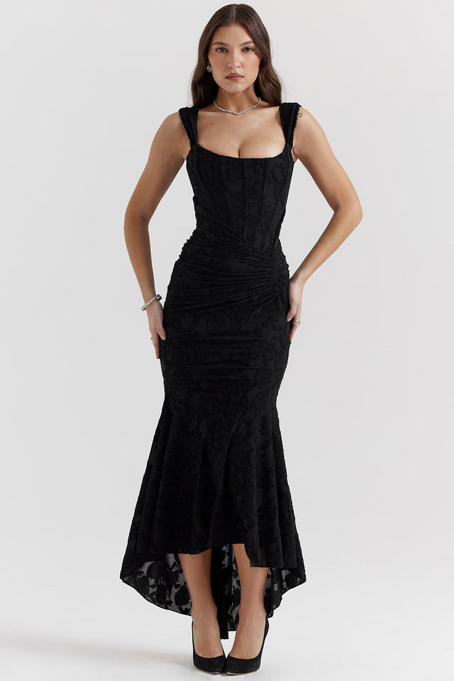 Women's Evening Dress with Lace Detail and Ruched Design