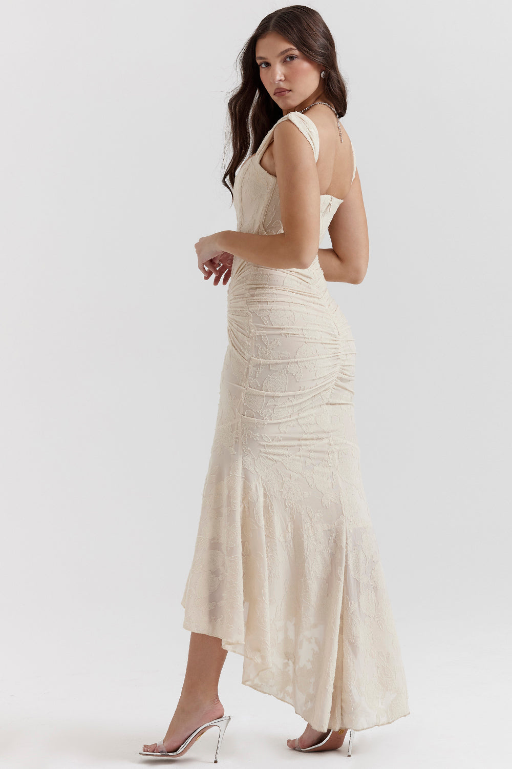 Women's Evening Dress with Lace Detail and Ruched Design