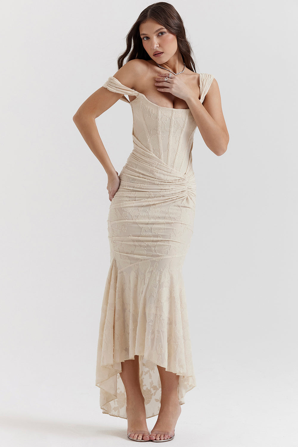 Women's Evening Dress with Lace Detail and Ruched Design