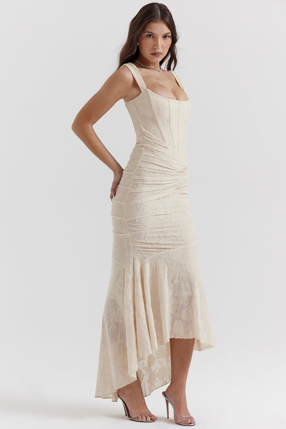 Women's Evening Dress with Lace Detail and Ruched Design