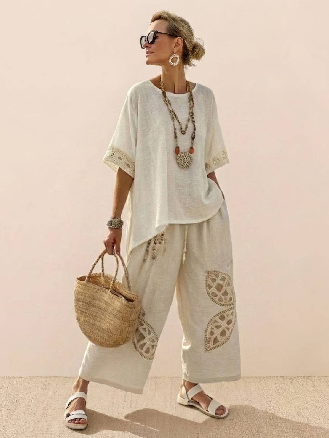 Women's Striped Two-Piece Set with Wide-Leg Trousers and Tee