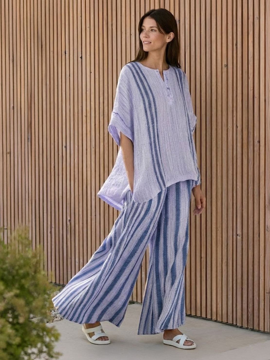 Women's Striped Two-Piece Set with Wide-Leg Trousers and Tee