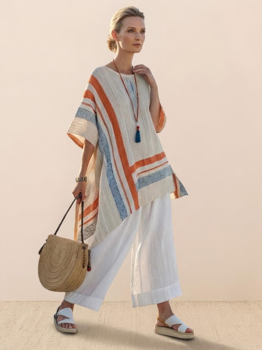 Women's Striped Two-Piece Set with Wide-Leg Trousers and Tee