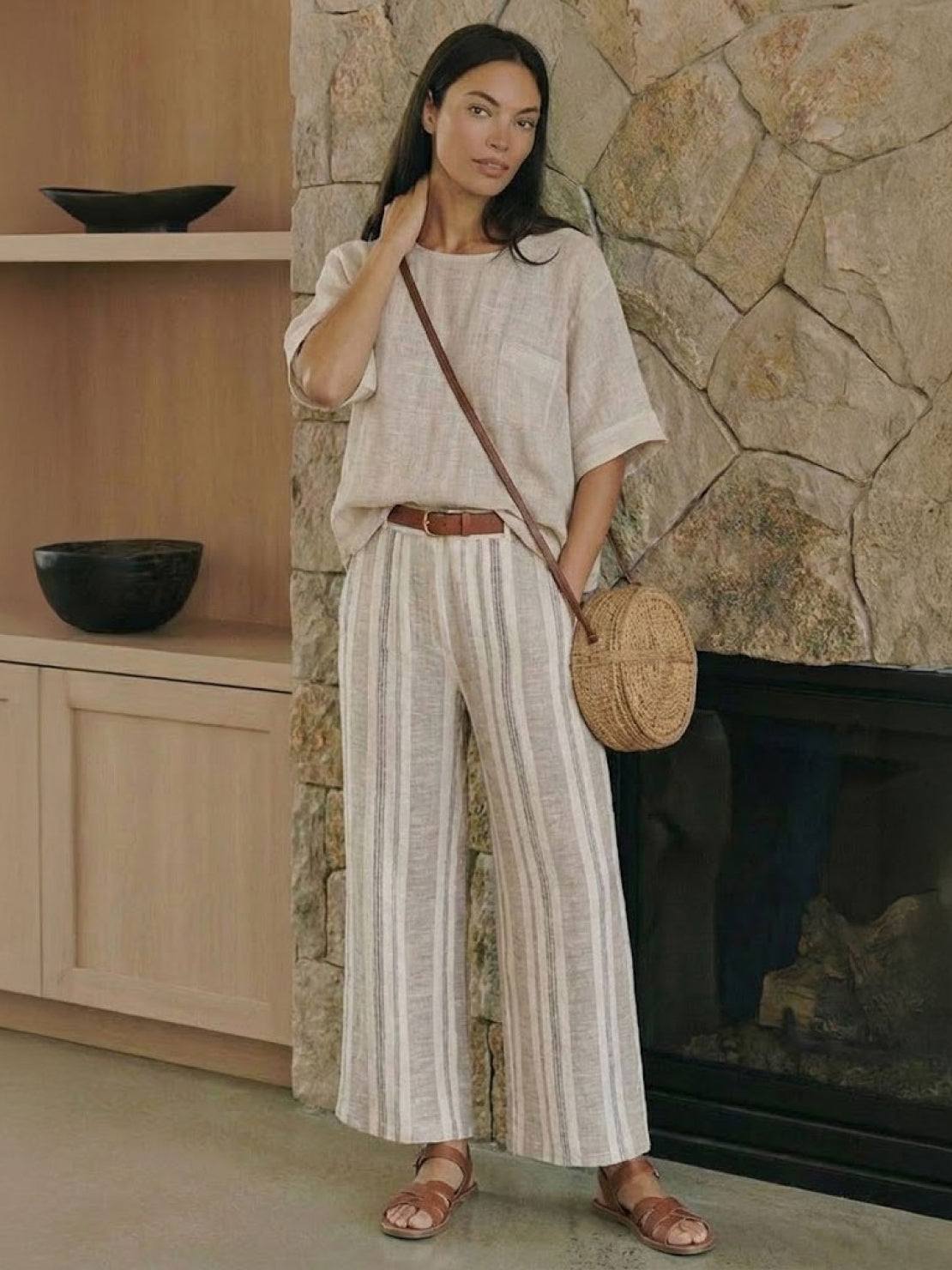 Women's Striped Two-Piece Set with Wide-Leg Trousers and Tee