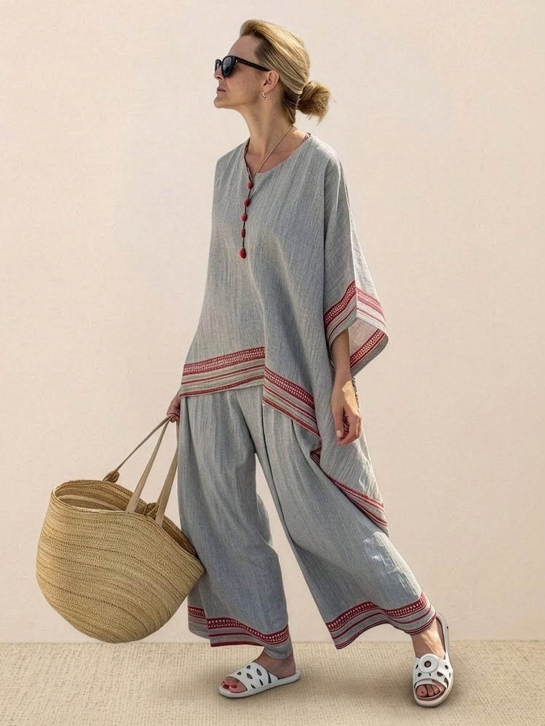 Women's Striped Two-Piece Set with Wide-Leg Trousers and Tee