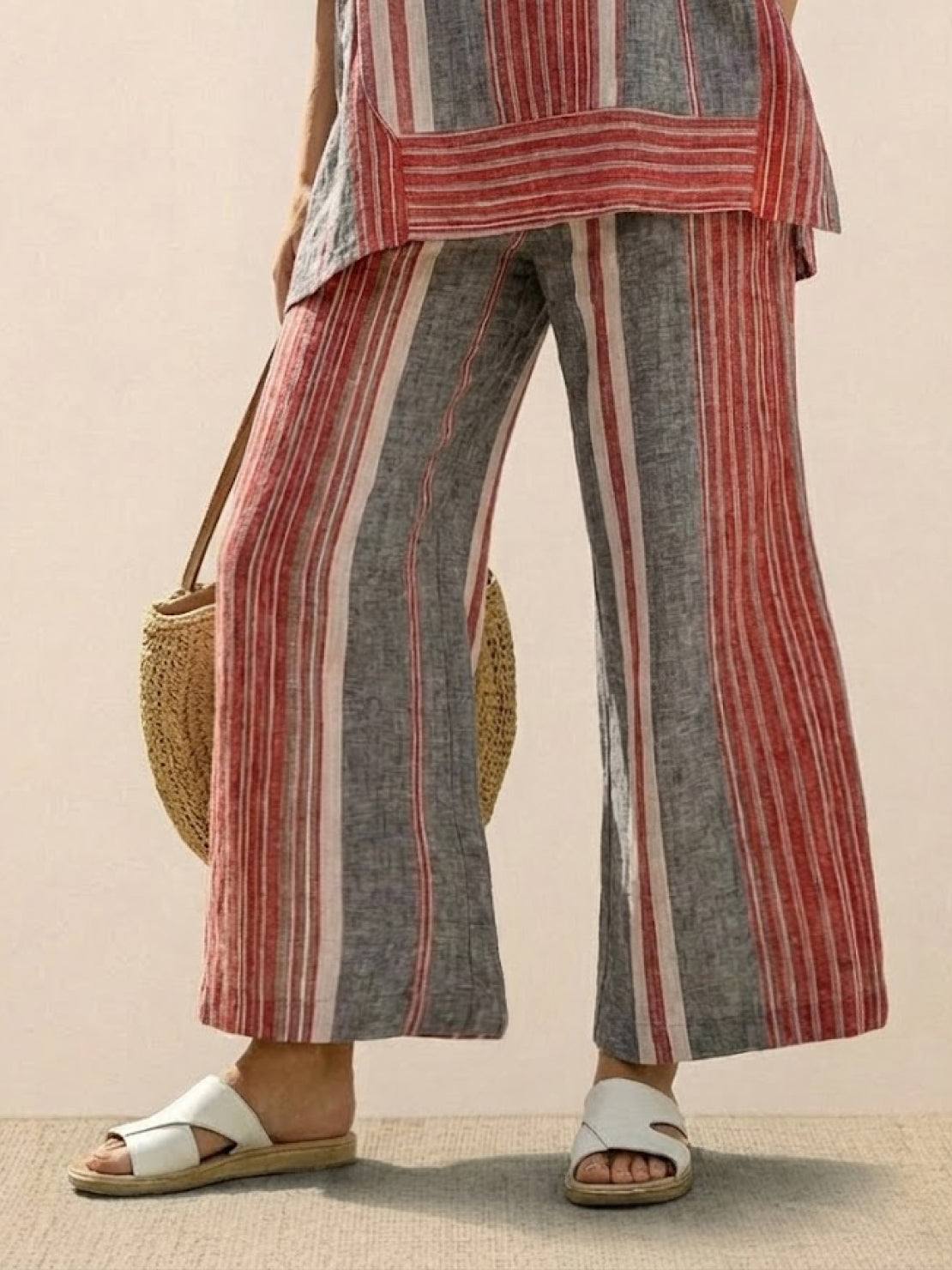 Women's Striped Two-Piece Set with Wide-Leg Trousers and Tee