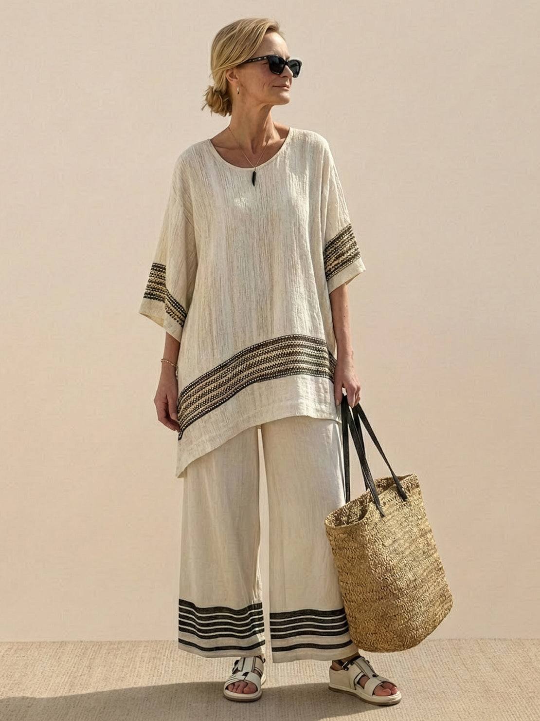 Women's Striped Two-Piece Set with Wide-Leg Trousers and Tee