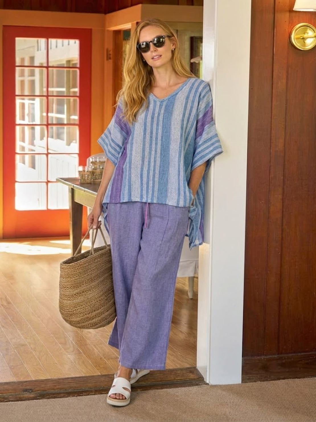 Women's Striped Two-Piece Set with Wide-Leg Trousers and Tee
