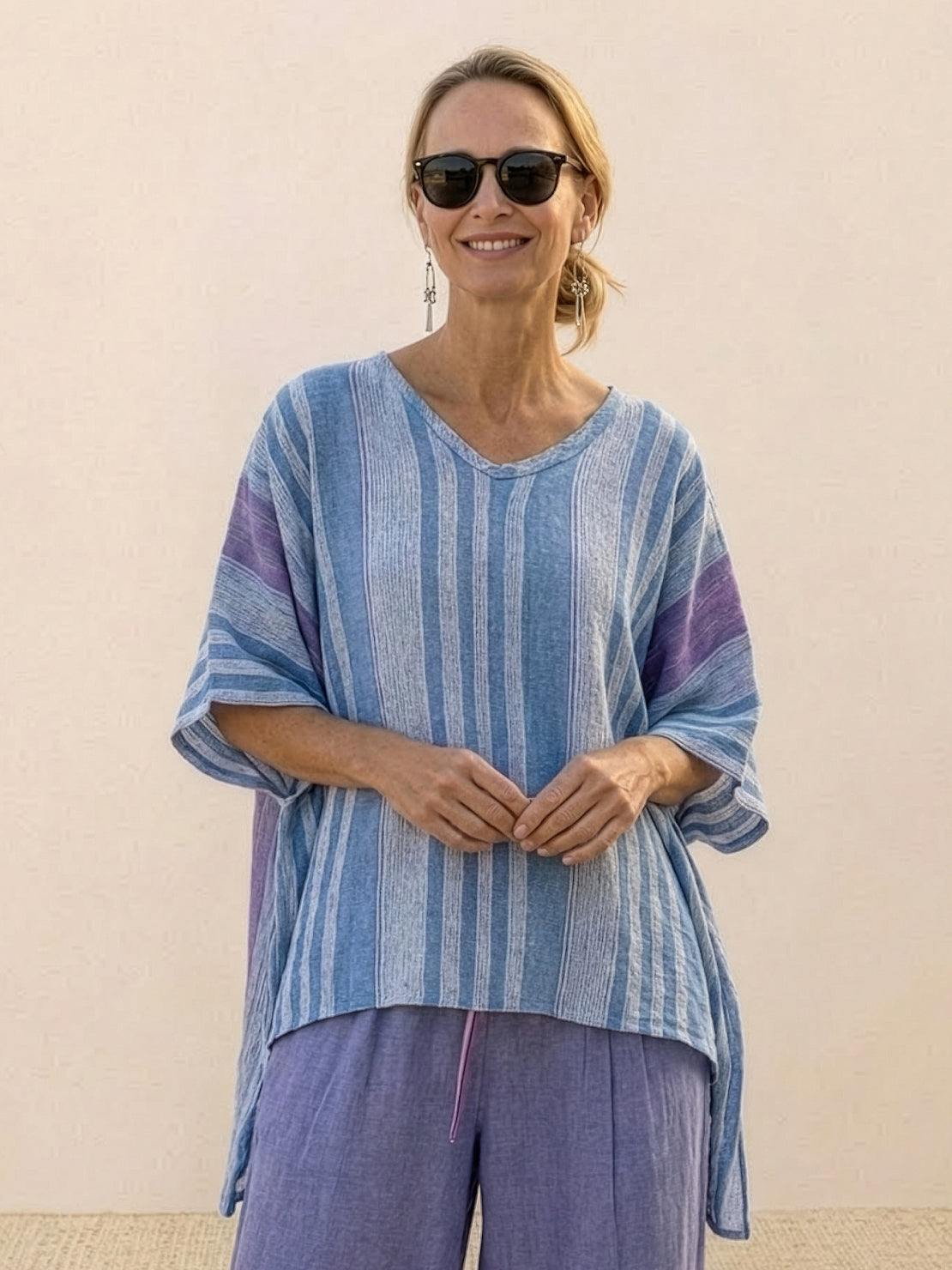 Women's Striped Two-Piece Set with Wide-Leg Trousers and Tee