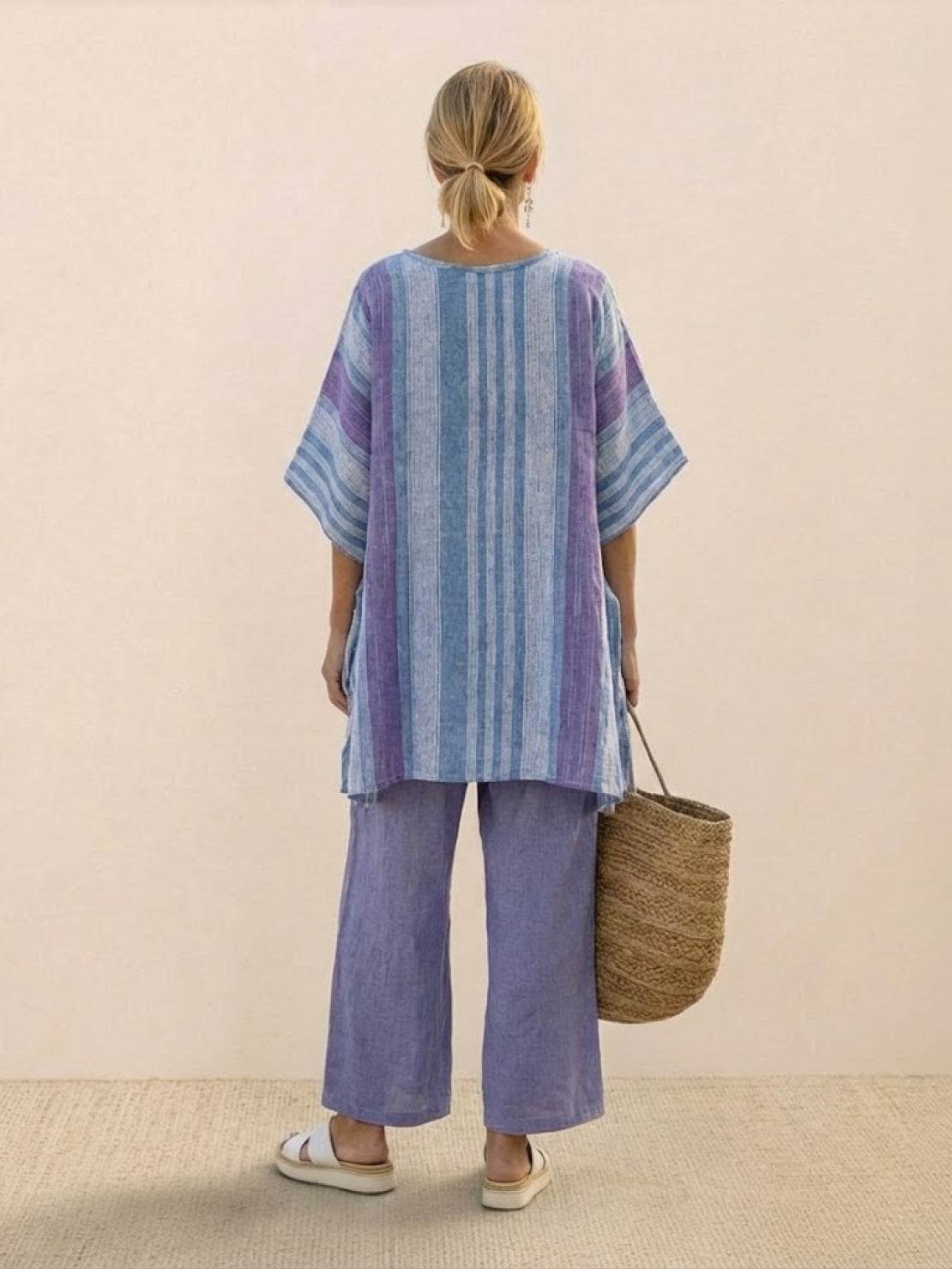 Women's Striped Two-Piece Set with Wide-Leg Trousers and Tee