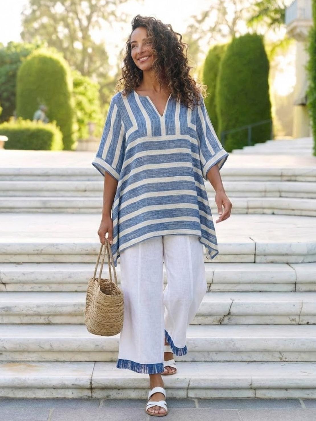 Women's Striped Two-Piece Set with Wide-Leg Trousers and Tee