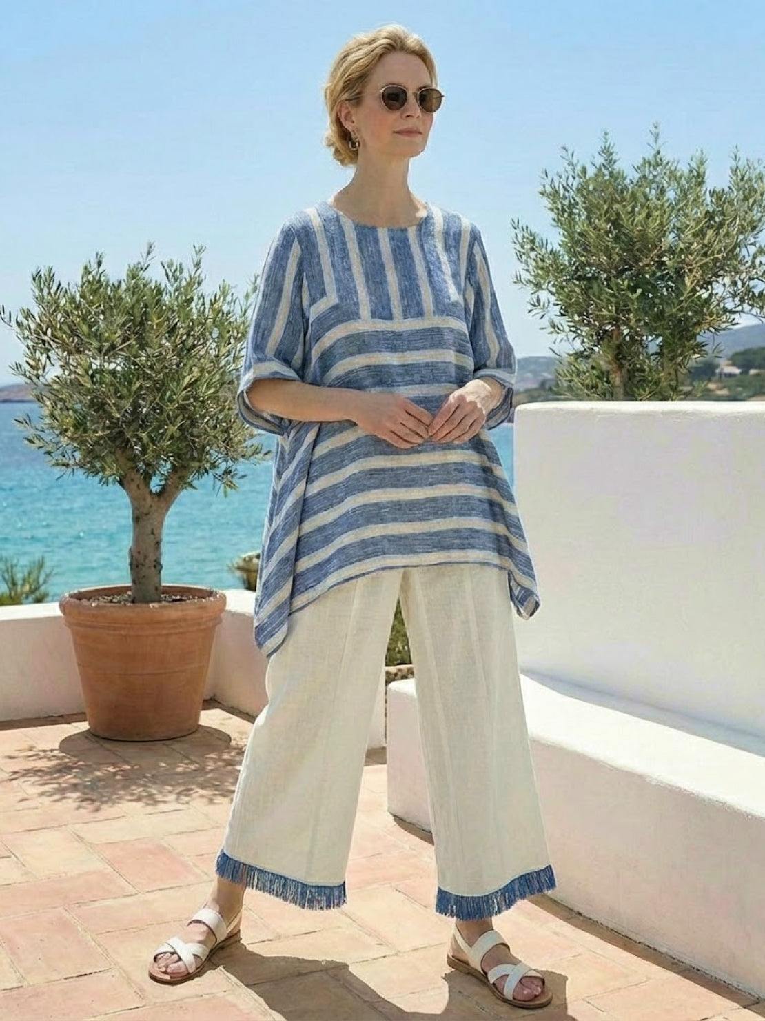 Women's Striped Two-Piece Set with Wide-Leg Trousers and Tee
