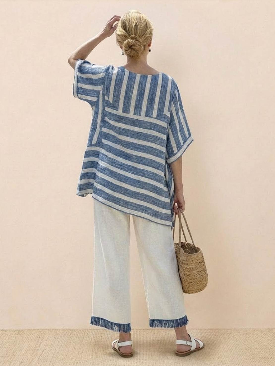 Women's Striped Two-Piece Set with Wide-Leg Trousers and Tee