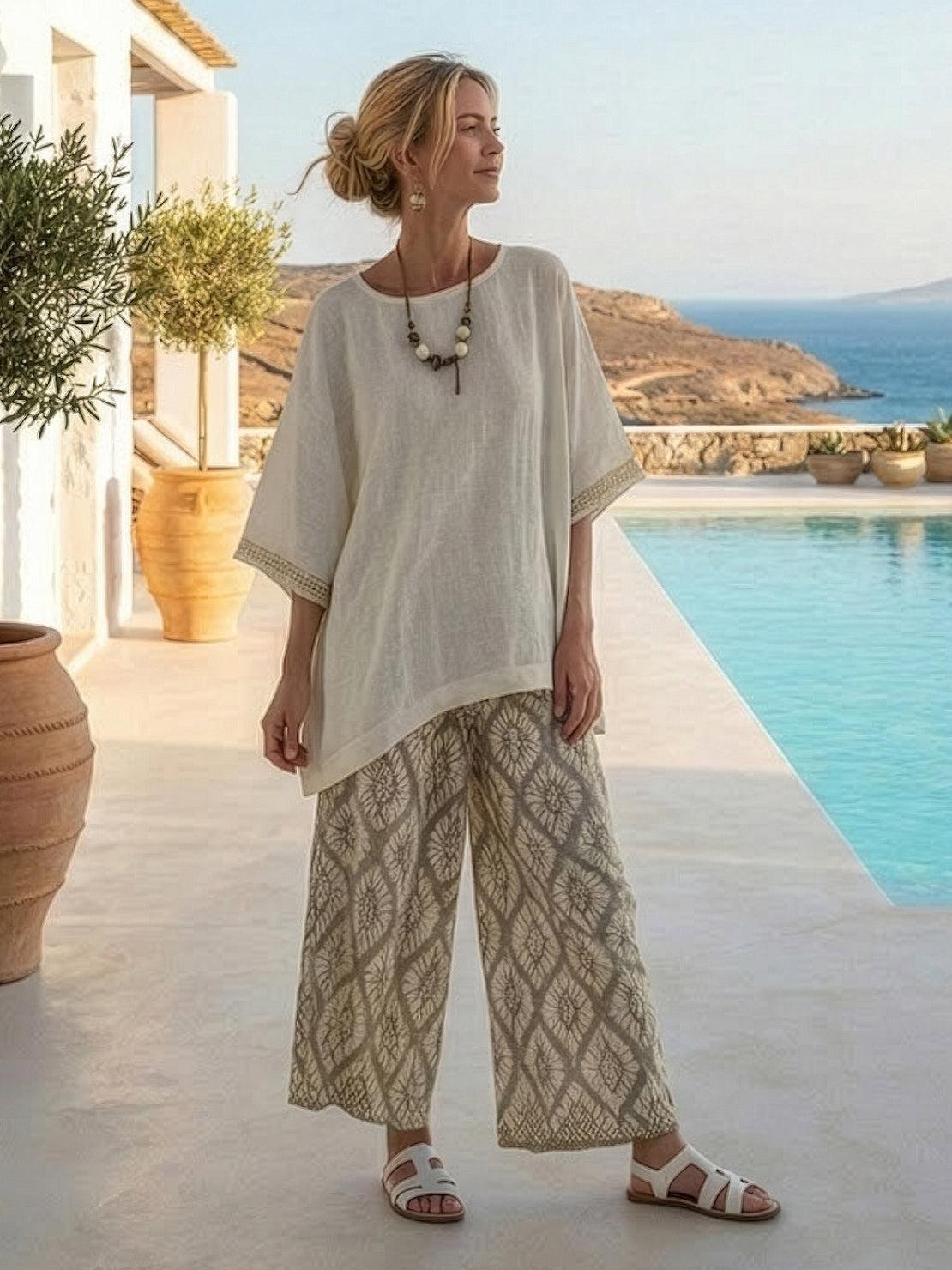 Women's Striped Two-Piece Set with Wide-Leg Trousers and Tee
