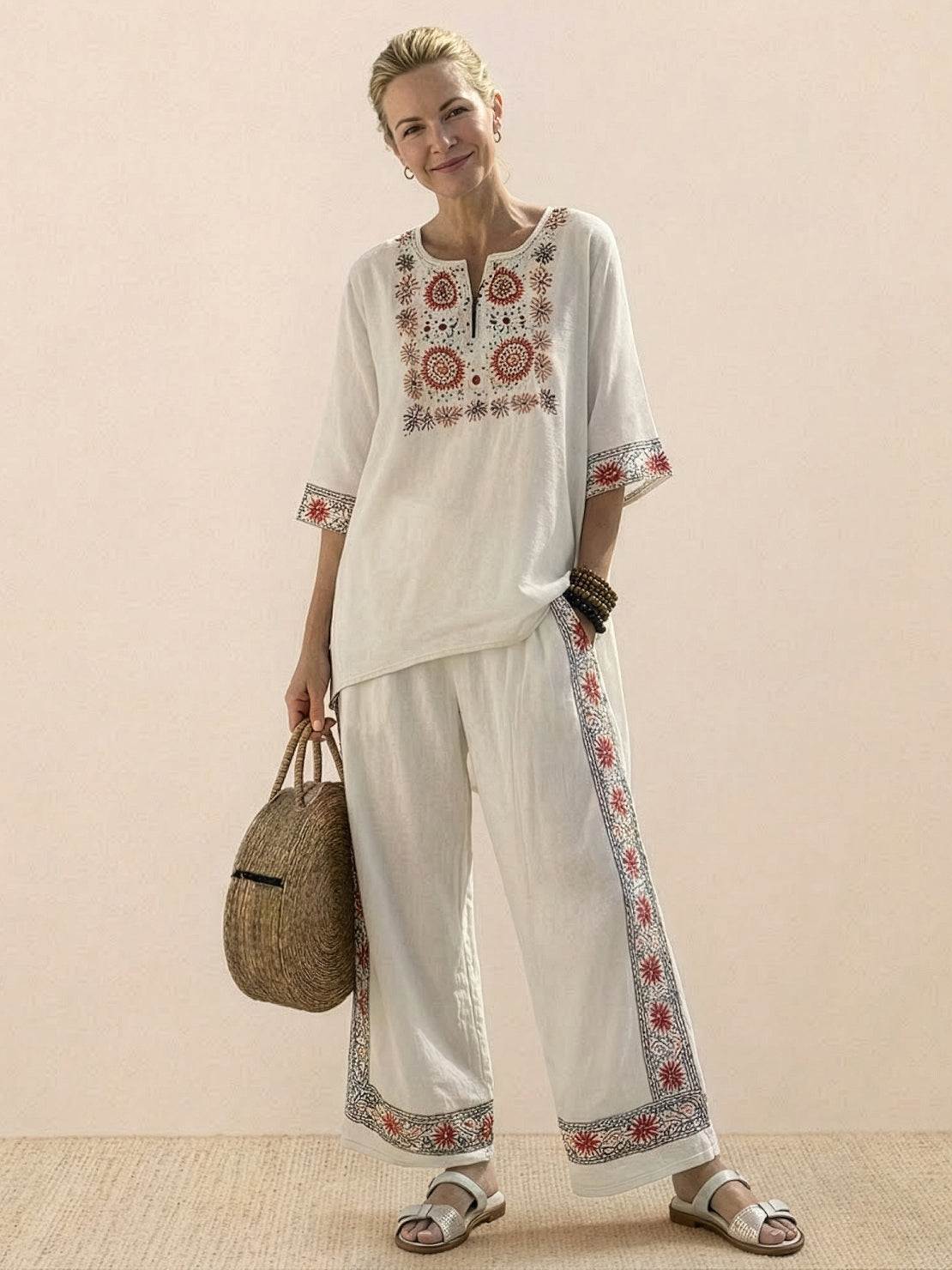 Women's Striped Two-Piece Set with Wide-Leg Trousers and Tee