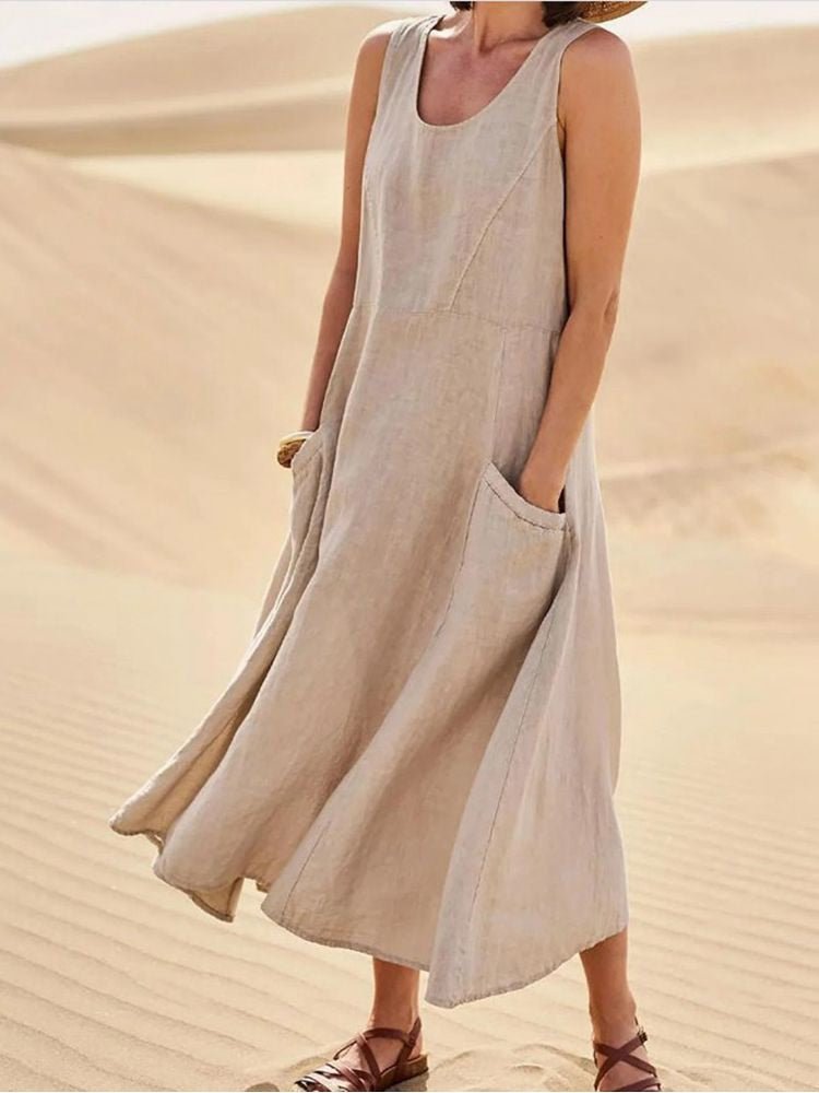 Women's Casual Sleeveless Maxi Dress with Scoop Neck and Pockets