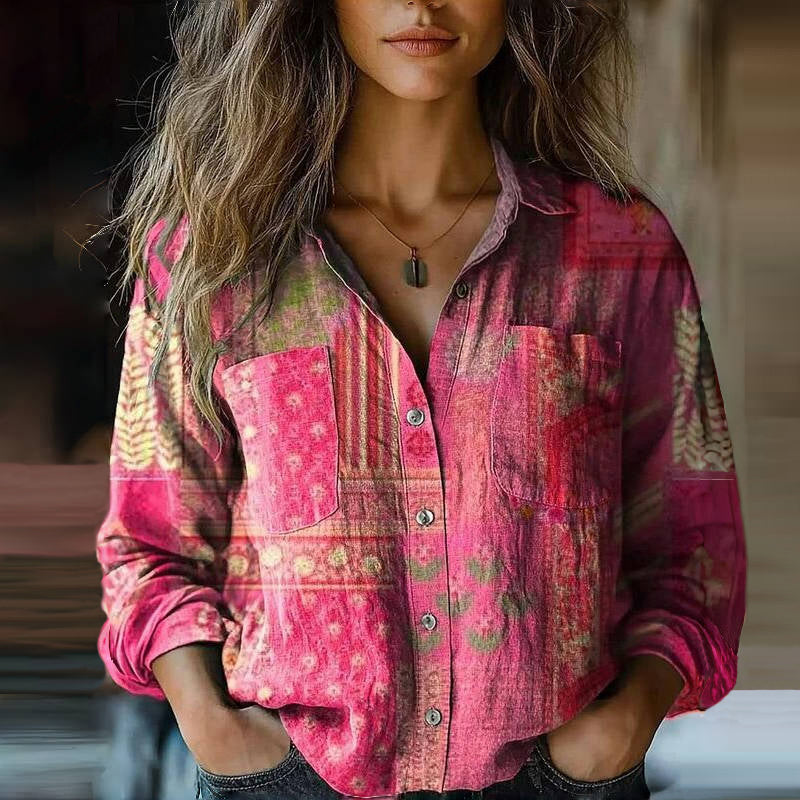 Women's Vintage Blouse with Bohemian Pattern and Lightweight Fabric