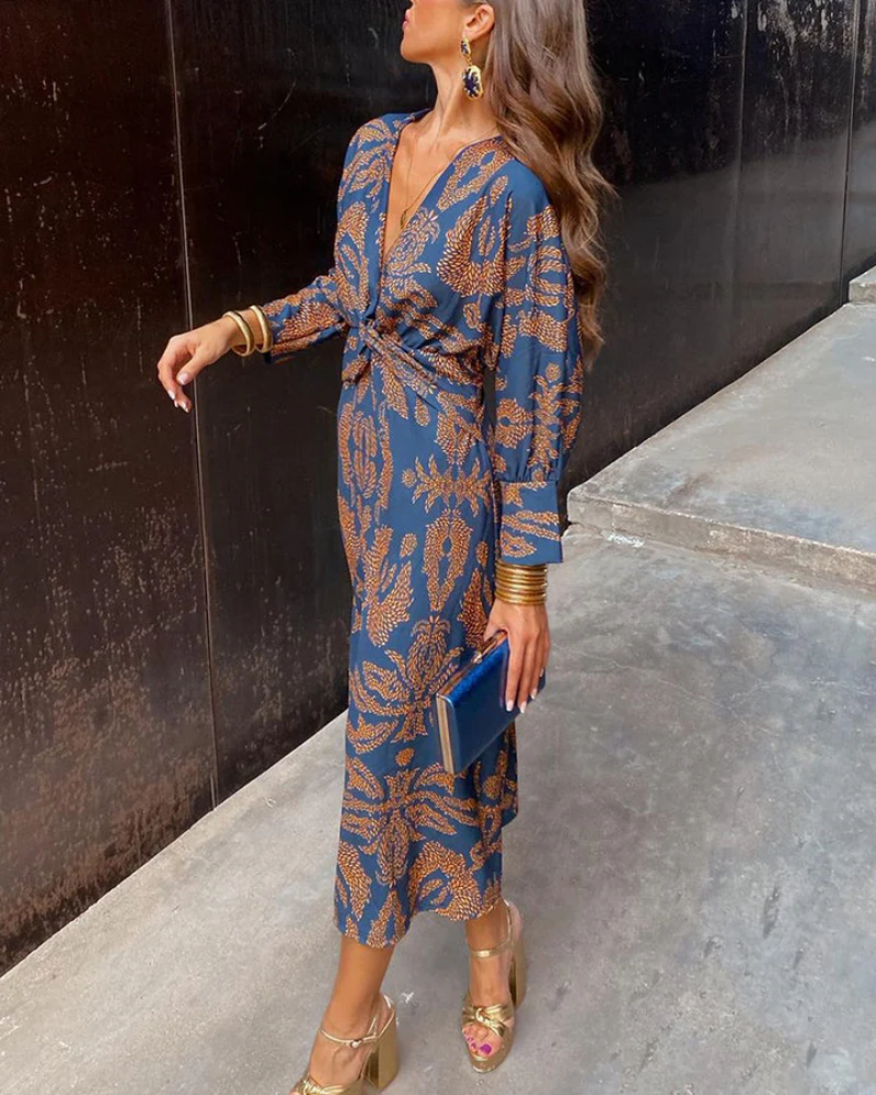 Women's Long Sleeve Maxi Dress with Flowing Skirt and Adjustable Waist