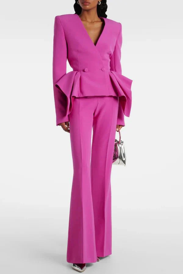 Women's Double-Breasted V-Neck Blazer and Wide-Leg Pants Dressy Set | Two-Piece