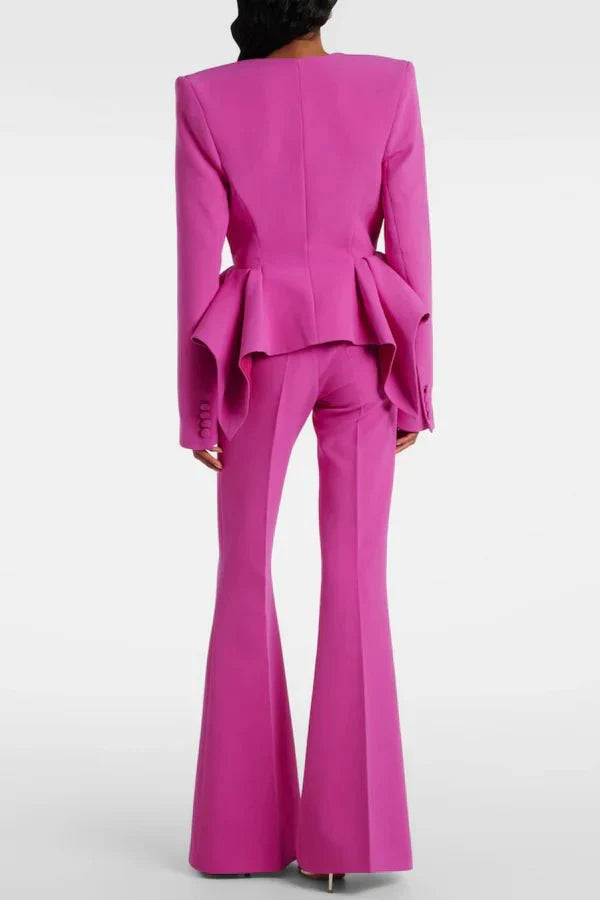 Women's Double-Breasted V-Neck Blazer and Wide-Leg Pants Dressy Set | Two-Piece