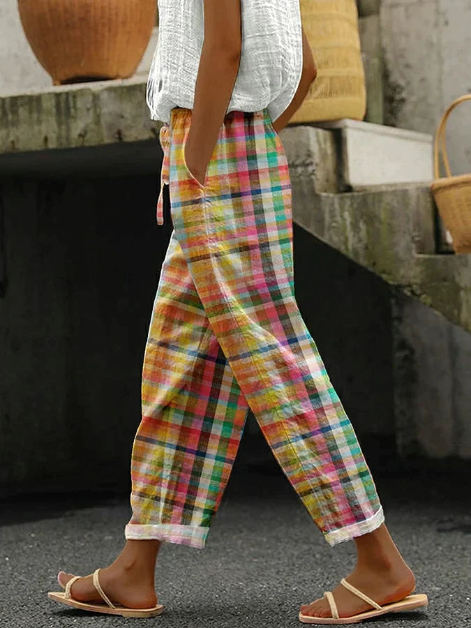 Women's Checkered Trousers with Relaxed Fit and Adjustable Waist