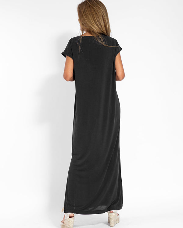 Women's V-Neck Short Sleeve Maxi Dress with Side Slit and Flowing Design