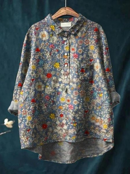 Women's Floral Blouse with Short Sleeves and Lightweight Fabric