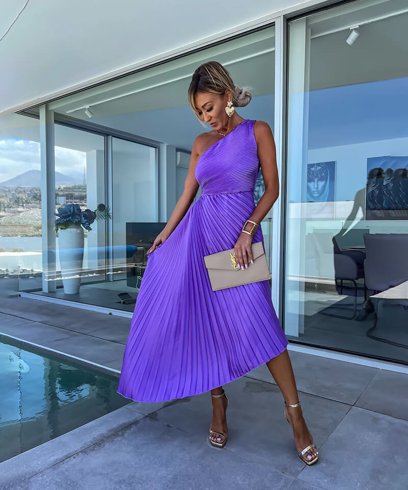 Women's One Shoulder Asymmetric Midi Dress with Evening Style and Elegant Design