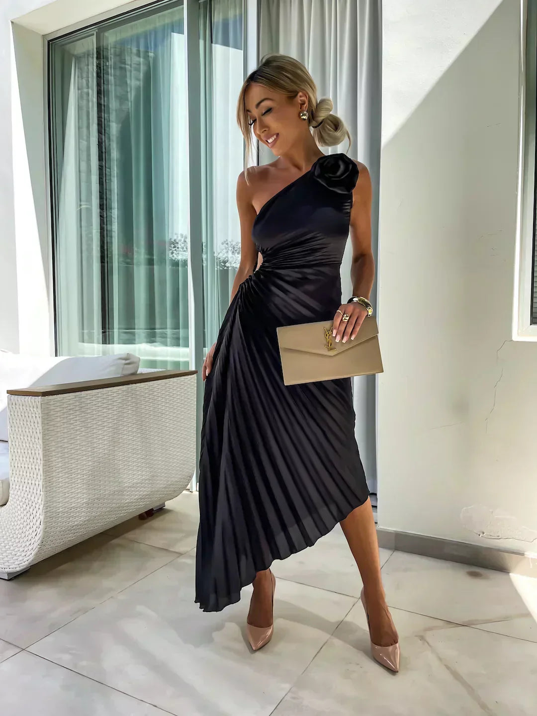Women’s Pleated Shoulder Dress | Midi