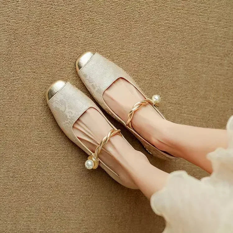 Celeste | Women's Pearl Strap Mary Jane Shoes Glitter Block Heel