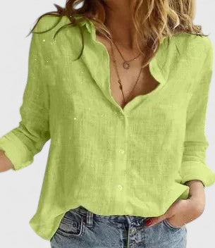 Women's Button Down Shirt with Lapel Collar and Linen Fabric