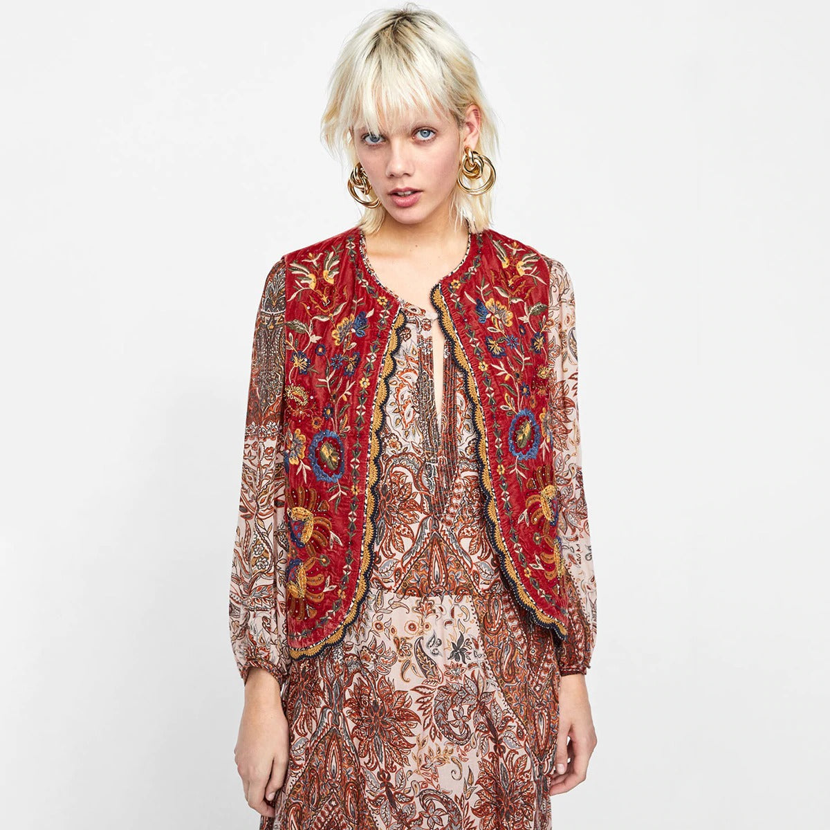 Women's Boho Waistcoat with Floral Design and Soft Texture