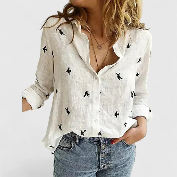 Women's Button Down Shirt with Lapel Collar and Linen Fabric