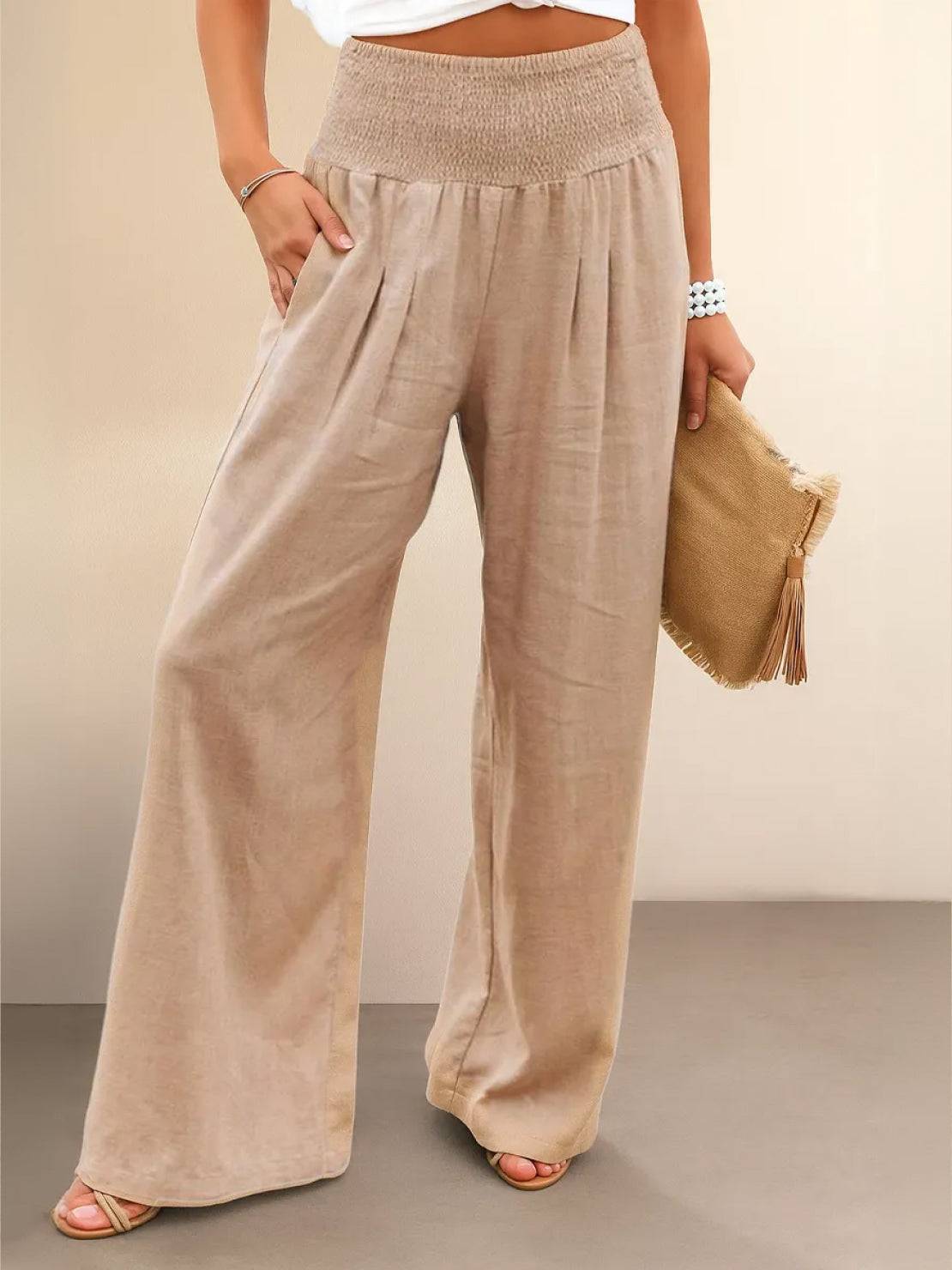 Women's High Waist Wide Leg Trousers with Smocked Waist and Relaxed Fit