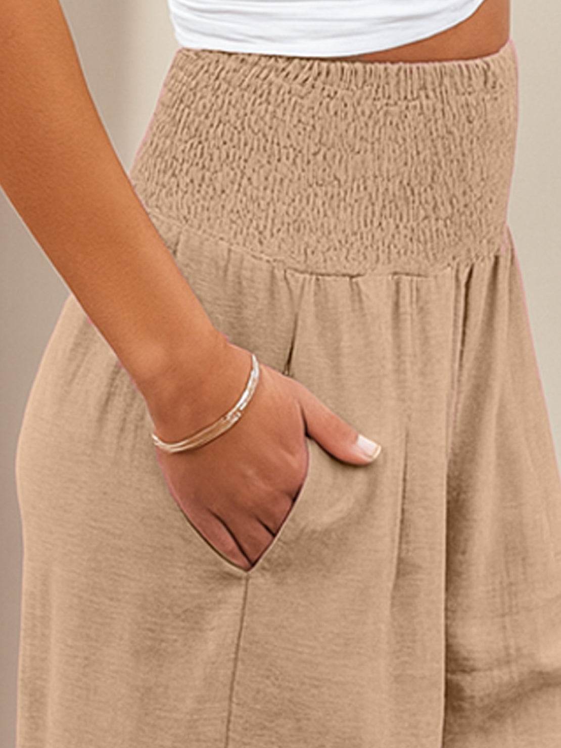 Women's High Waist Wide Leg Trousers with Smocked Waist and Relaxed Fit