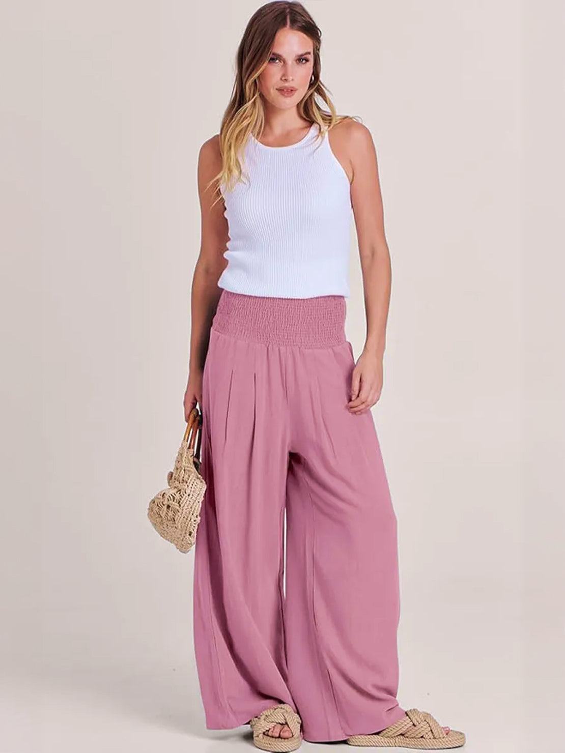 Women's High Waist Wide Leg Trousers with Smocked Waist and Relaxed Fit