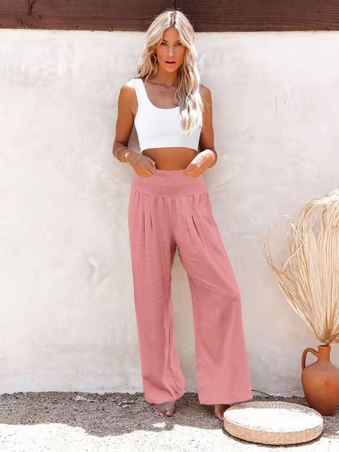 Women's High Waist Wide Leg Trousers with Smocked Waist and Relaxed Fit