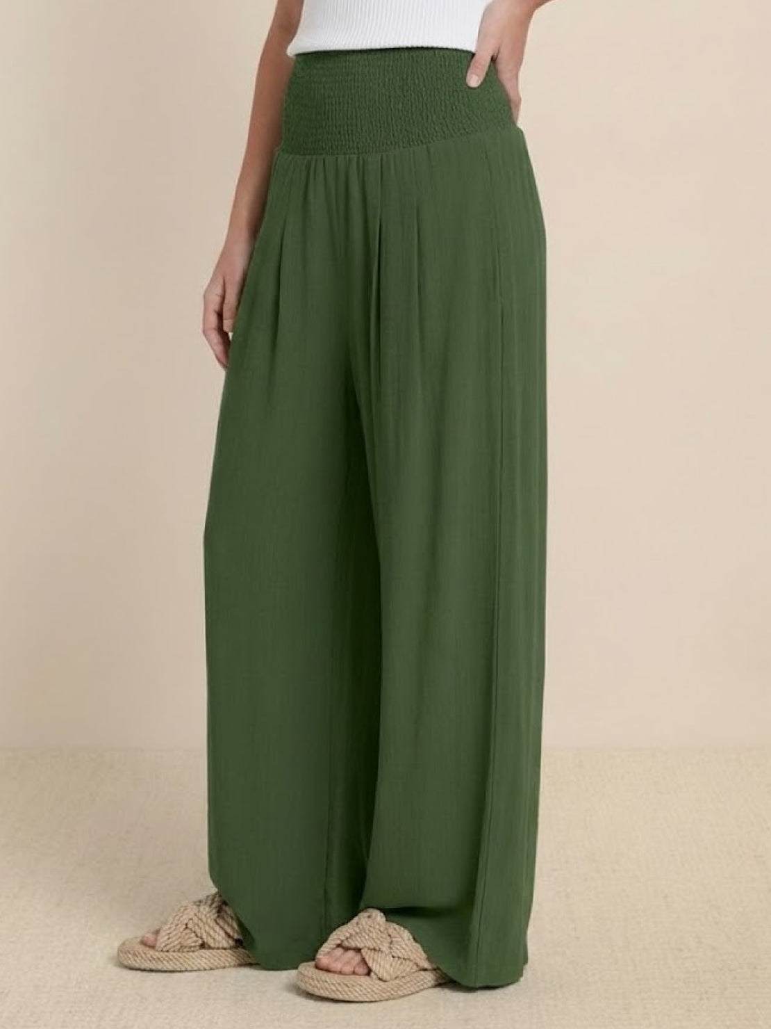 Women's High Waist Wide Leg Trousers with Smocked Waist and Relaxed Fit