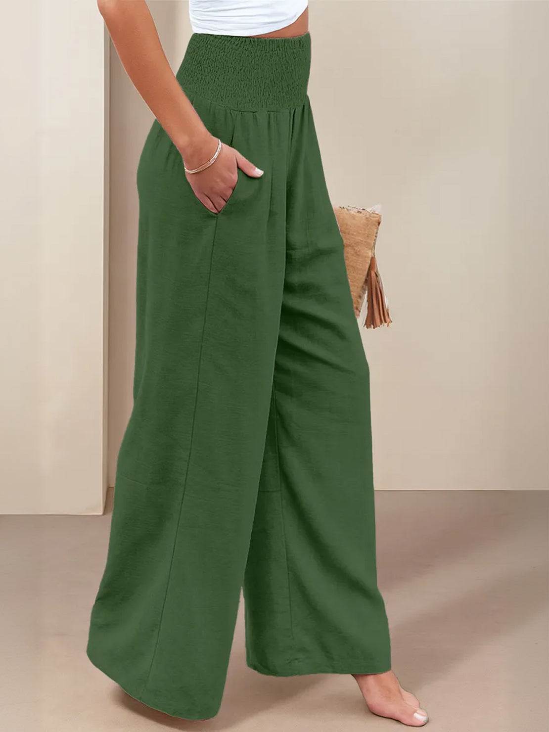 Women's High Waist Wide Leg Trousers with Smocked Waist and Relaxed Fit